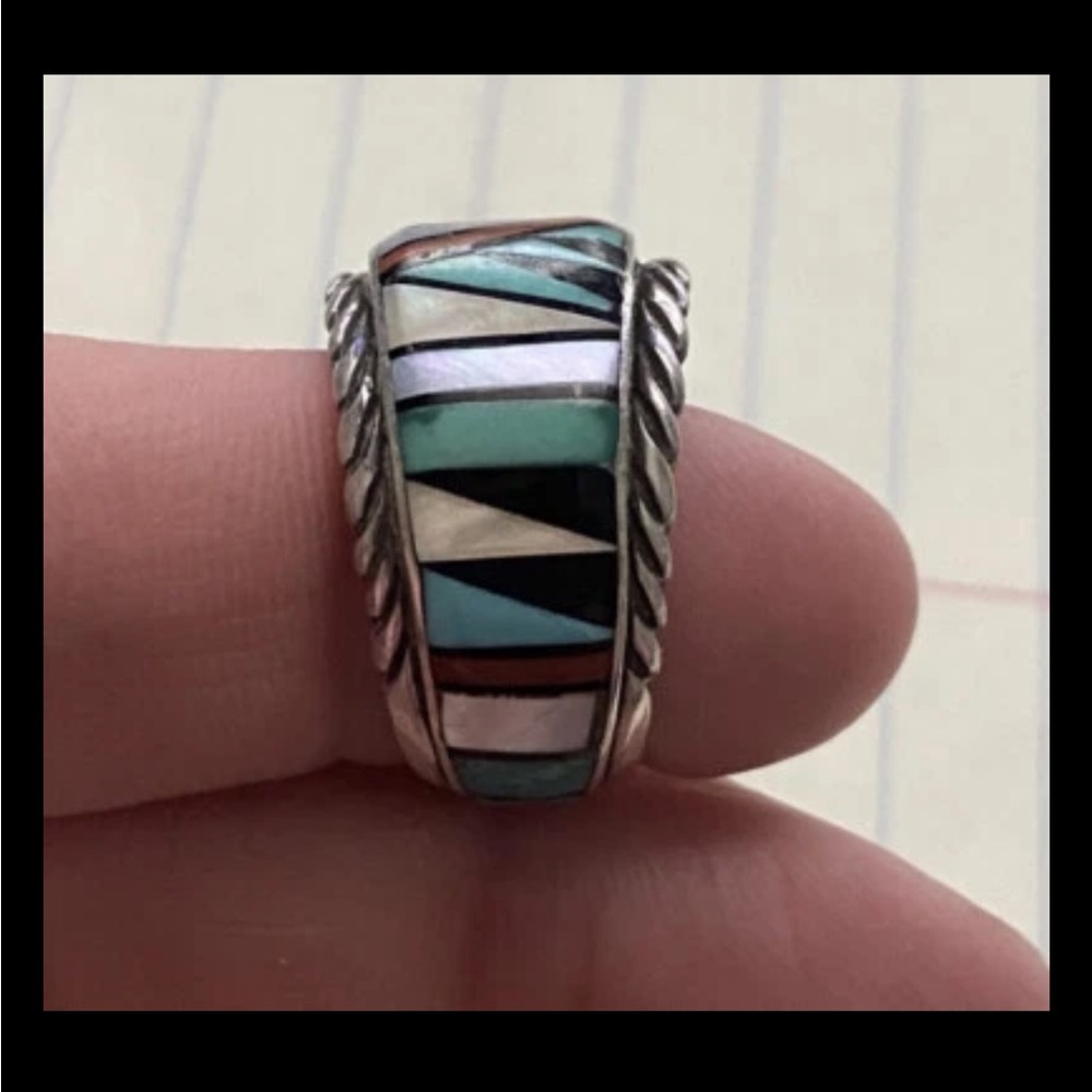 Silver Ring With Geometric Multicolor Design - image 2